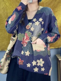 Amax luluE 2024 Winter Women Vintage Print Design Cardigans European Style Ladies Loose Casual Elegant Sweaters V-Neck Clothes