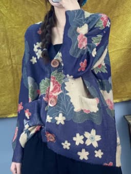 Amax luluE 2024 Winter Women Vintage Print Design Cardigans European Style Ladies Loose Casual Elegant Sweaters V-Neck Clothes