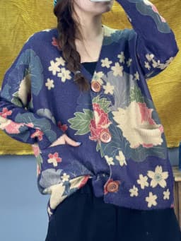 Amax luluE 2024 Winter Women Vintage Print Design Cardigans European Style Ladies Loose Casual Elegant Sweaters V-Neck Clothes