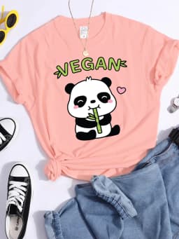Vegan Panda Loves To Eat Bamboo Female T-Shirt Street Breathable Crop Top Casual Sweat Sport Clothes Summer O-Neck T Shirt Women