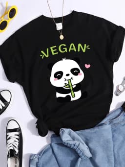 Vegan Panda Loves To Eat Bamboo Female T-Shirt Street Breathable Crop Top Casual Sweat Sport Clothes Summer O-Neck T Shirt Women