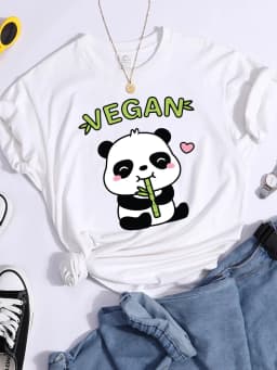 Vegan Panda Loves To Eat Bamboo Female T-Shirt Street Breathable Crop Top Casual Sweat Sport Clothes Summer O-Neck T Shirt Women