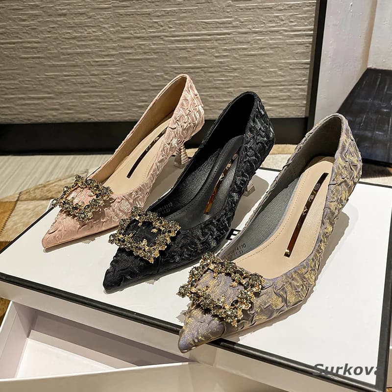 Spring and Summer Women's Single Shoes Pumps High Heels Thin Heels Party Sexy Rhinestone Pointed Toe Fashion Shaped Heels Solid
