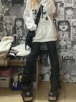 REDDACHiC Goth Lolita Black Pants Casual Flare Stacked Jeans Women Stretchy High Waist Trousers 2000s Y2K Grunge Emo Streetwear