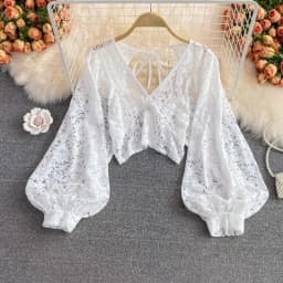 Sexy Lace Hollow Out Blouse Women Summer V-Neck Puff Sleeve Backless Tops Casual Korean Slim Lace Up Solid White Crop Tops