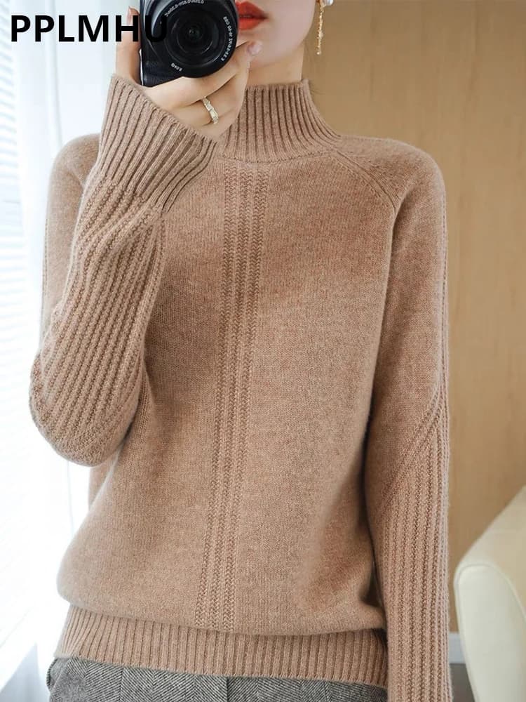 Women's Sweaters Fall Winter Warm Mock Neck Long Sleeve Casual Knitted Pullover Korean Loose Crochet Tops Kniwear Soft Jumper