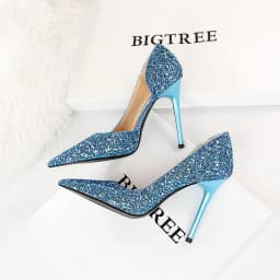 Glitter High Heels Sequined Gold Silver Women Pumps Pointed Toe Thin Heeled Shoes Ladies Luxury Party Shoes 7/10cm Size 43 Blue