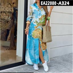 3D Cross-Border Women's Long Dresse Lapel Shirt World Map Pattern Printing Fashion Plus Size Maxi Dress Vestidos Womens Clothing