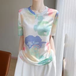Summer New Women's Round Neck Printed Knitted Short-Sleeved Thin T-shirt Loose Bottoming Shirt