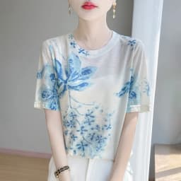 Summer New Women's Round Neck Printed Knitted Short-Sleeved Thin T-shirt Loose Bottoming Shirt