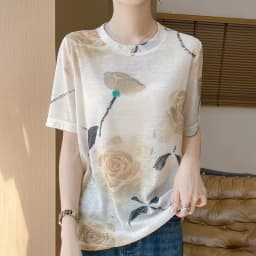 Summer New Women's Round Neck Printed Knitted Short-Sleeved Thin T-shirt Loose Bottoming Shirt