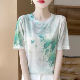 Summer New Women's Round Neck Printed Knitted Short-Sleeved Thin T-shirt Loose Bottoming Shirt