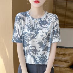 Summer New Women's Round Neck Printed Knitted Short-Sleeved Thin T-shirt Loose Bottoming Shirt