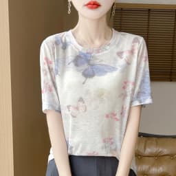 Summer New Women's Round Neck Printed Knitted Short-Sleeved Thin T-shirt Loose Bottoming Shirt