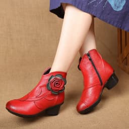 Vintage Rose Genuine Leather Ankle Boots Ladies Heels Pump Booties Bohemia Shoes Retro Mom Short Boots Faux Fur Med Heel Shoes