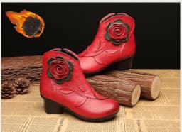 Vintage Rose Genuine Leather Ankle Boots Ladies Heels Pump Booties Bohemia Shoes Retro Mom Short Boots Faux Fur Med Heel Shoes