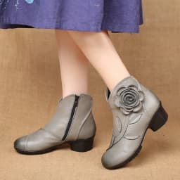 Vintage Rose Genuine Leather Ankle Boots Ladies Heels Pump Booties Bohemia Shoes Retro Mom Short Boots Faux Fur Med Heel Shoes