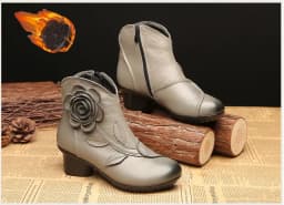 Vintage Rose Genuine Leather Ankle Boots Ladies Heels Pump Booties Bohemia Shoes Retro Mom Short Boots Faux Fur Med Heel Shoes