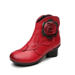 Vintage Rose Genuine Leather Ankle Boots Ladies Heels Pump Booties Bohemia Shoes Retro Mom Short Boots Faux Fur Med Heel Shoes