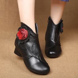 Vintage Rose Genuine Leather Ankle Boots Ladies Heels Pump Booties Bohemia Shoes Retro Mom Short Boots Faux Fur Med Heel Shoes