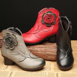 Vintage Rose Genuine Leather Ankle Boots Ladies Heels Pump Booties Bohemia Shoes Retro Mom Short Boots Faux Fur Med Heel Shoes