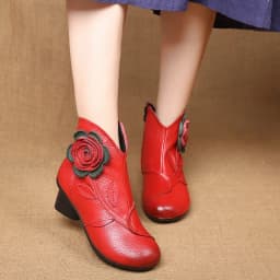 Vintage Rose Genuine Leather Ankle Boots Ladies Heels Pump Booties Bohemia Shoes Retro Mom Short Boots Faux Fur Med Heel Shoes