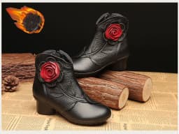 Vintage Rose Genuine Leather Ankle Boots Ladies Heels Pump Booties Bohemia Shoes Retro Mom Short Boots Faux Fur Med Heel Shoes