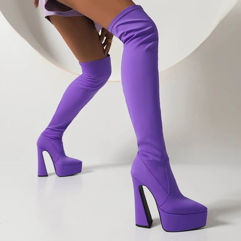 Stretch Satin Fabric Plus Size Pointed Toe Ultra-High Hollowed Out Shaped Heel Sexy Over-The-Knee Boots Breathable Inner Boots
