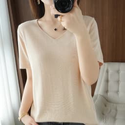 V-neck loose thin pure cotton jersey spring new women's blouse summer short-sleeved T-shirt bottom shirt to wear