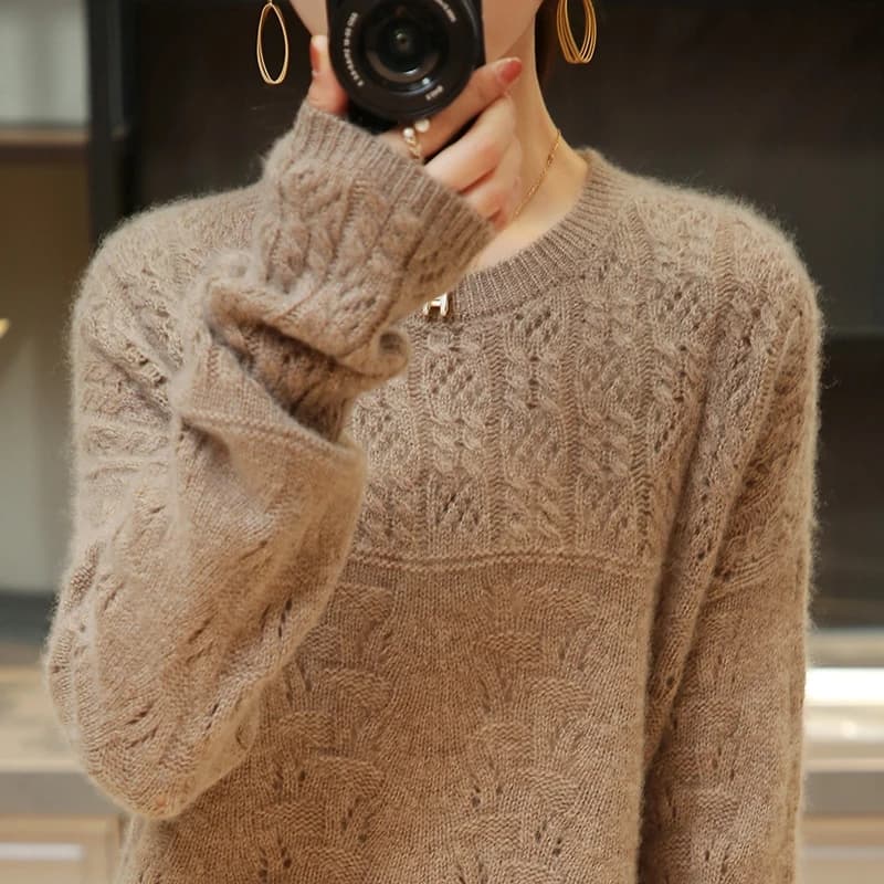 100% pure cardigan women round neck show thin hollow cashmere sweater knitted leggings fall winter loose jumper top