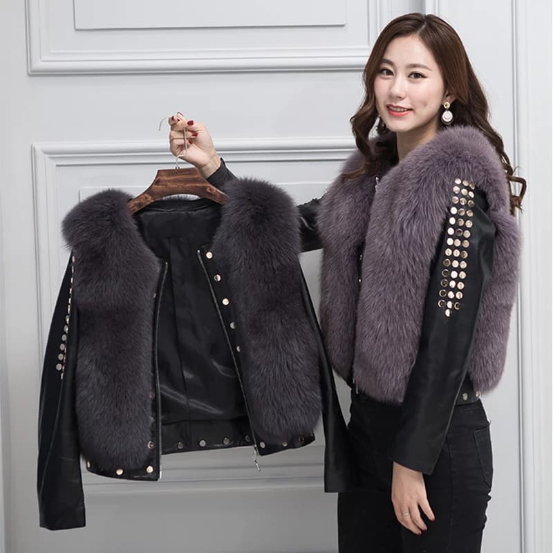 Fur Lover Real Fox Fur Winter Outfit For Women Fashion Sheep Leather Jacket With Genuine Fox Fur Luxury Coat