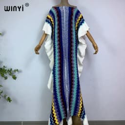 WINYI 2022 NEW Knitting Rainbow Printing Comfort Warm Winter Fashion Holiday Dress Elegant Africa Women Boho Party Long Dress