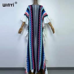 WINYI 2022 NEW Knitting Rainbow Printing Comfort Warm Winter Fashion Holiday Dress Elegant Africa Women Boho Party Long Dress