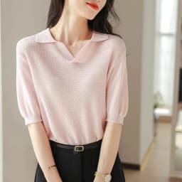 ice silk short sleeve knit cotton thread half sleeve POLO collar loose T-shirt women's summer wear thin temperament slimming top