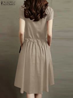 ZANZEA Summer Vintage Cotton Dress Women Short Sleeve Solid Drawstring Waist Sundress Fashion Casual Knee-length Vestidos Kaftan