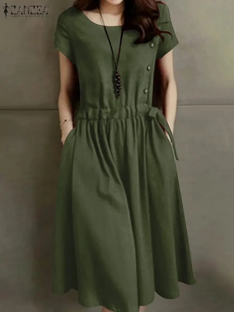 ZANZEA Summer Vintage Cotton Dress Women Short Sleeve Solid Drawstring Waist Sundress Fashion Casual Knee-length Vestidos Kaftan