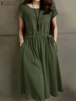 ZANZEA Summer Vintage Cotton Dress Women Short Sleeve Solid Drawstring Waist Sundress Fashion Casual Knee-length Vestidos Kaftan