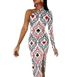 Poker Cards Maxi Dress Long Sleeve Red Queen Heart Streetwear Bodycon Dresses Spring Side Split Night Club Dress Ladies Vestido