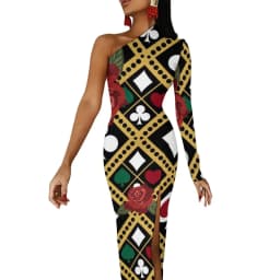 Poker Cards Maxi Dress Long Sleeve Red Queen Heart Streetwear Bodycon Dresses Spring Side Split Night Club Dress Ladies Vestido