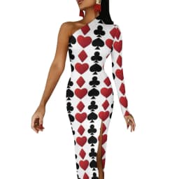 Poker Cards Maxi Dress Long Sleeve Red Queen Heart Streetwear Bodycon Dresses Spring Side Split Night Club Dress Ladies Vestido