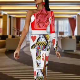 Poker Cards Maxi Dress Long Sleeve Red Queen Heart Streetwear Bodycon Dresses Spring Side Split Night Club Dress Ladies Vestido