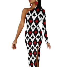 Poker Cards Maxi Dress Long Sleeve Red Queen Heart Streetwear Bodycon Dresses Spring Side Split Night Club Dress Ladies Vestido