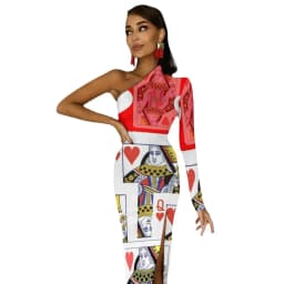Poker Cards Maxi Dress Long Sleeve Red Queen Heart Streetwear Bodycon Dresses Spring Side Split Night Club Dress Ladies Vestido