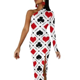 Poker Cards Maxi Dress Long Sleeve Red Queen Heart Streetwear Bodycon Dresses Spring Side Split Night Club Dress Ladies Vestido