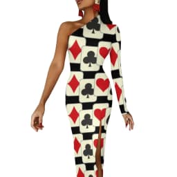 Poker Cards Maxi Dress Long Sleeve Red Queen Heart Streetwear Bodycon Dresses Spring Side Split Night Club Dress Ladies Vestido