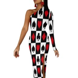 Poker Cards Maxi Dress Long Sleeve Red Queen Heart Streetwear Bodycon Dresses Spring Side Split Night Club Dress Ladies Vestido