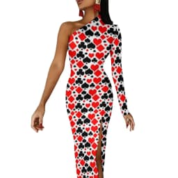 Poker Cards Maxi Dress Long Sleeve Red Queen Heart Streetwear Bodycon Dresses Spring Side Split Night Club Dress Ladies Vestido