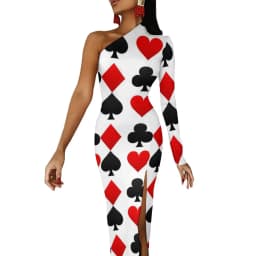 Poker Cards Maxi Dress Long Sleeve Red Queen Heart Streetwear Bodycon Dresses Spring Side Split Night Club Dress Ladies Vestido
