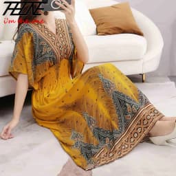 Vestidos Para Mujer Rope Robe Dress Women Casual Elegant Retro Bohemian V Neck Boho Korean Printed Summer Long Dresses Clothes