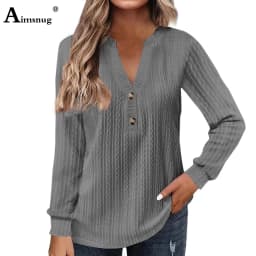 2024 New Autumn Elegant Fashion V-neck Top Women Casual Buttons Up Shirt Female Wave Cut T-shirt Womens Clothing Plus Size S-5XL